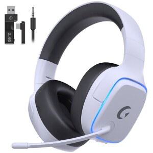 PS5, PS4, PC, 스위치용 Gvyugke 2.4GHz 무선 게이밍 헤드셋 - 노이즈 캔슬링 마이크, 7.1 서라운드 사운드, 70H 배터리, 블루 라이팅 화이트