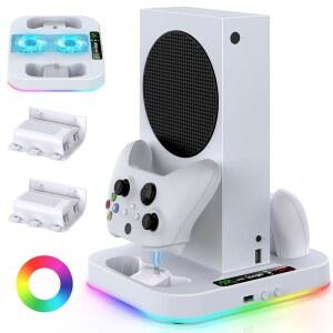 15가지 라이트 모드가 있는 Xbox Series S 콘솔용 냉각 스탠드, 2x1400mAH 배터리가 MENEEA 듀얼 고속 충전기 스테이션, 3단 조절식 팬이 쿨러 시스템 액세서리, 2.0 USB 포트
