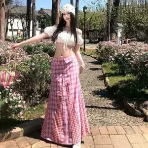 치마 여성 빈티지 봄 톱 A라인 +화이트 자수 중저지 체크 숏 데일리 스포M1