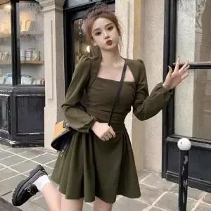 여사친 원피스 치마 미니 빈티지 데일리 반프렌치 스퀘어넥 긴팔 춘추 빅사이즈 슬림핏 A라인 SPO마켓3