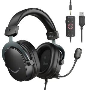 피파인 유선 게임 헤드셋, 3.5mm 및 USB 듀얼 연결 기능을 갖춘 게이머 7.1 서라운드 사운드, 튜닝된 50mm 드라이버, 탈착식 마이크, PC /PS5 /Xbox용 오버이어 헤드폰, 블랙 앰플리게임 H9