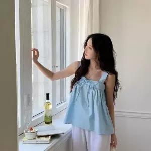 여자 여름 데일리룩 스퀘어넥 리본 스트랩 슬리브리스 블라우스_25444828_588872