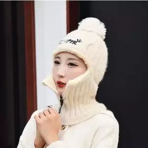 여성용 넥워머 일체형 니트방울모자 지퍼오픈 니트방울모자 후드넥워머 (W9925E8)