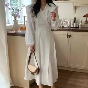 데님원피스 세일러카라 랩 롱원피스 어깨셔링 A라인 허리 스트링