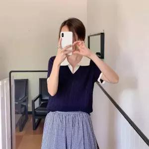 TE 배색 여름 니트 반팔 데일리 모던 레이어드 카라 꽈배기 여성 아이 회색 베이지 곤색