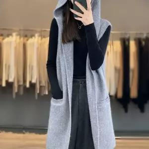 롱 가을 조끼 카디건 민소매 스웨터 후드 여성가디건 무지 서양 MF3