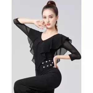 살사 라틴 댄스복 줌바 메쉬 탑 밸리 여성 상의 스포츠 XXXL