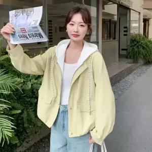 캐주얼 봄 여자 투피스 후드 크림색 이른 코트 가죽 쇼트 자켓 인조 점퍼 슬림핏 OP1