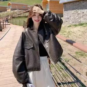 여친 점퍼 쇼트 집업 긴팔 차이나 가죽 코트 OP1