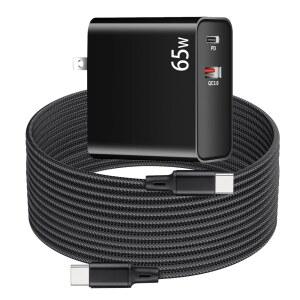 메타 오큘러스 퀘스트 3, 3 2와 호환되는 PD 65W USB C 초고속 VR 충전기 - 6.6피트 C에서 C까지 충전 케이블이 있는 듀얼 포트 + 타입 어댑터, Pico 4 울트라 헤드셋, 블랙