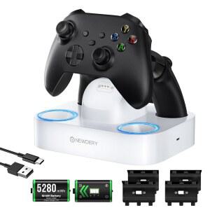 Xbox용 뉴데리 컨트롤러 충전소, Xbox One / Series X|S 컨트롤러용 2x5280mWh 충전식 배터리 팩, 4개의 커버가 있는 듀얼 충전 도크-화이트