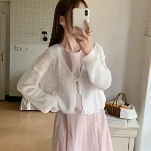 [옷자락]여자 살안템 시스루 크롭 볼레로 리본 썸머 가디건