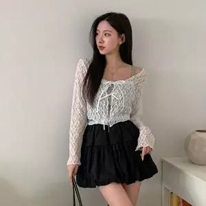 [옷자락]여자 여리핏 레이스 리본 포인트 시스루 볼레로 가디건