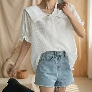 [옷자락]여성용 레이스 리본 세일러 칼라 도트 블라우스 여름