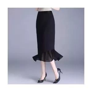 여성 봄가을 블랙 머메이드 H라인 스커트 슬림핏 힙 망사 원턱 DUCHI1