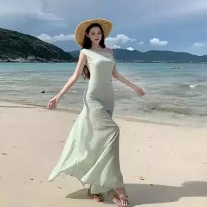 여자 여름 원피스 슬림핏 그린 망사 힙업 롱스커트룩 원픽2