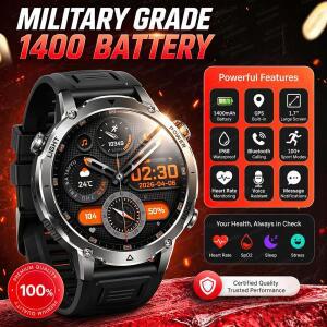 1400mAh 배터리 군용 스마트 워치 남성용 GPS 경로 1.7인치 AMOLED 블루투스 통화 IP68 방수 스포츠 음성