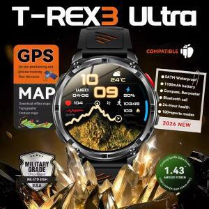 2026년형 새로운 야외용 군용 GPS 나침반 스마트워치 T-Rex3 내장 1100mAh 배터리 5ATM 방수 BT 통화 기능