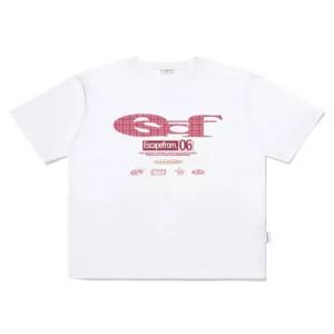 이스케이프프롬 핑크 체크 ESCF 로고 콜라주 프린트 오버핏 반팔티 화이트