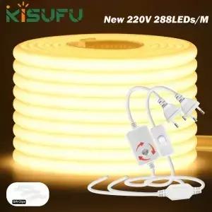 220V 디밍이 가능한 COB LED 네온 스트립 빛 스위치/조광기 플러그 방수 288Leds/M 정원 홈 조명