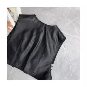 여자 코디 좋은 조끼 빈티지 라운드 블랙 민소매 PU가죽 봄가을 SPO마켓1