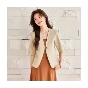 EAMT 여성 반팔 노카라 정장 코트 여름 캐주얼 쇼트 상의 YJ2