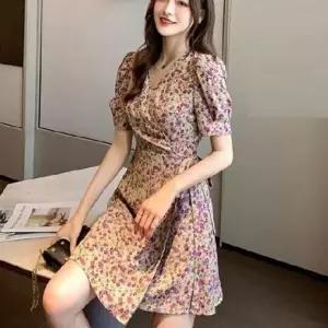 여름 플라워 반팔 랩 원피스 브이넥 롱 퍼프 휴양지 바캉스룩 허리끈원피스 (WFIIU75)