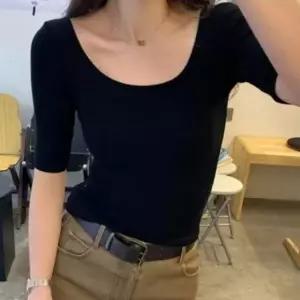 여성 슬림핏 5부 이너 무지 캡내장 U넥 반팔 티셔츠