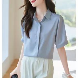 미에스틸로 여자 실크 롱 오피스룩 여름 루즈핏 솔리드 블라우스 셔츠 반팔 새틴1 ADOR2