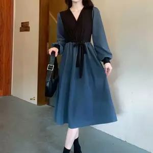친절한탄씨 A라인 롱원피스 일체형 허리끈 배색 브이넥 데이트룩 7부원피스 플라워원피스 프릴원피스