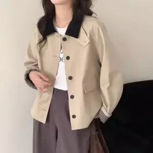 하프 가을 여성용 코트 칼라 체크 쇼트 재킷 상의 BE3