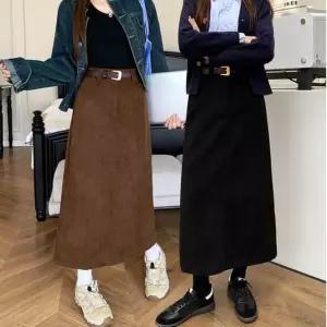 고품질 여성 골덴 롱스커트 A라인 코듀로이 스커트 벨트증정 (WDB680E)