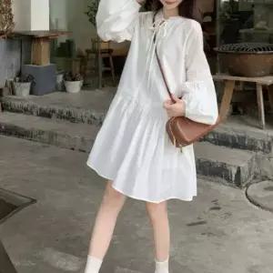 벌룬소매 화이트 플레어 원피스 퓨어 사랑스러운 여성 겨울원피스 하객원피스 겨울하객룩