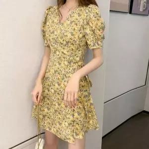 셀럽하우스 여름원피스 플라워패턴 퍼프소매 스트링 A스커트라인