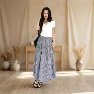 여성용 롱 에이라인 컷아웃 레이스 격자 고무줄 스커트