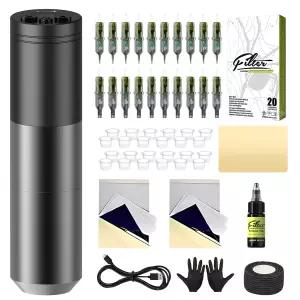필터 타투 건 키트 - 회전식 기계 펜 1500mAh 배터리 전원 공급 장치 초보자 및 아티스트용 카트리지 바늘
