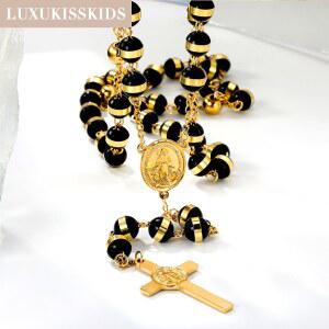 묵주 LUXUKISSKIDS 십자가 목걸이, 블랙 비즈, 기독교 , 남녀 공용 기도 스틸 가톨릭 쥬얼리,