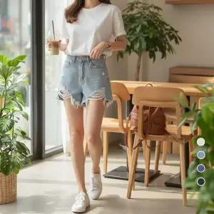 [써니패션] 여성 여름 하이웨스트 찢청 데님 핫팬츠 (50150476)