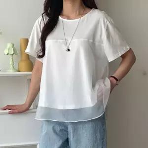 [샵앤] 여성 라운드넥 밑단 레이스 A라인 데일리 반팔 블라우스 21DS-WBL-5257