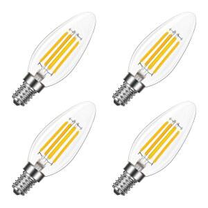 LUXRITE 8W LED 캔델라브라 전구, 75W 동급, E12 베이스, 1000루멘, 3000루멘, 샹들리에용 연질 화이트, 디밍 가능한 캔들 투명 필라멘트, 밀폐형 고정 장치 및 습식 정격(4팩)