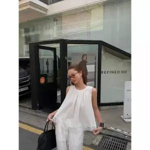 솜브레로스 여성 린넨 A라인 민소매 조끼 분위기 블라우스 셔츠 DOS2