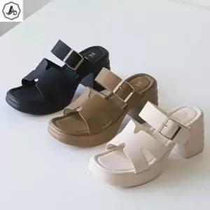 [애슬릿] 키높이 슬리퍼 버클 H스트랩 발편한 통굽 슬라이드 7.5cm