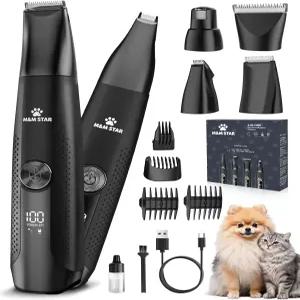 M amp;M STAR 개 미용용 키트 4-in-1 가발 클 무선 털 다듬기 및 발톱 손톱 그라인더 고양이 얼굴 귀 발을