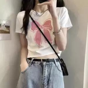 리본 프린팅 세미 크롭티 LM0390 프린트 여성 캐릭터 LM 링mtm 캐릭터 라운드 루즈핏티숙 긴팔