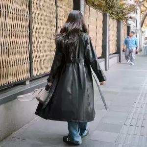 여사친 롱 블랙 빈티지 pu 무스탕 트렌치 가죽 봄가을 스트링 코트 원템3