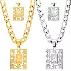 남성용 로마스 2Pcs 초기 목걸이 - 18K 금 도금 실버 스타 플라워 스퀘어 펜던트 대문자 A-Z 모노그램