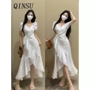 원피스 여사친 브이넥 언밸런스 롱스커트 바캉스룩 A라인 트렌디 아이템 쉬폰 HT1