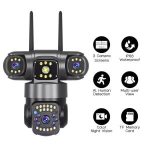 6MP WiFi PTZ 카메라 야외용 트리플 렌즈 모션 감지 IP66 방수 네트워크 무선 감시 카메라