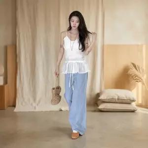 여성 시스루 폴리혼방 프릴 브이넥 민소매 블라우스