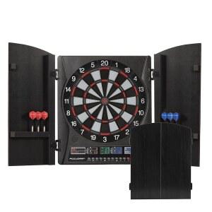 Accudart 아폴로 전자 다트판 캐비닛 u2013 38 게임, 137 변형, 가상 상대, 백라이트 득점, 크리켓 X/O 디스플레이, 블랙 우드그레인 도어 u2013에는 소프트 u2011팁 다트가 포함되어 있습니다